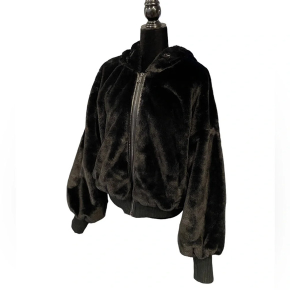 RAMY BROOK Black Onyx Hooded Faux Fur Coat Large - Picture 2 of 10